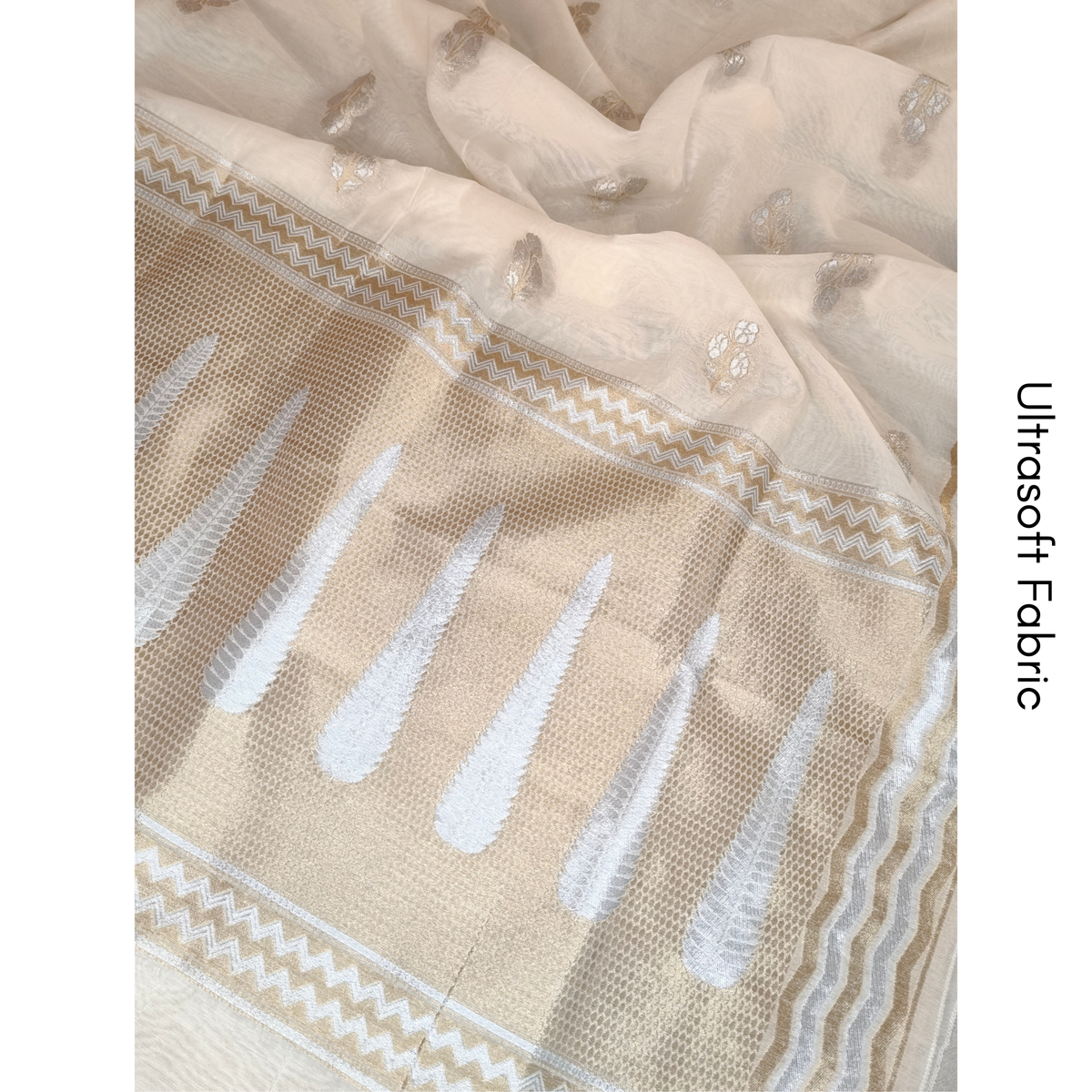 Premium White Dhaka Cotton Unstitched Suit Material with Silver & Gold Buti and Designer Woven Dupatta
