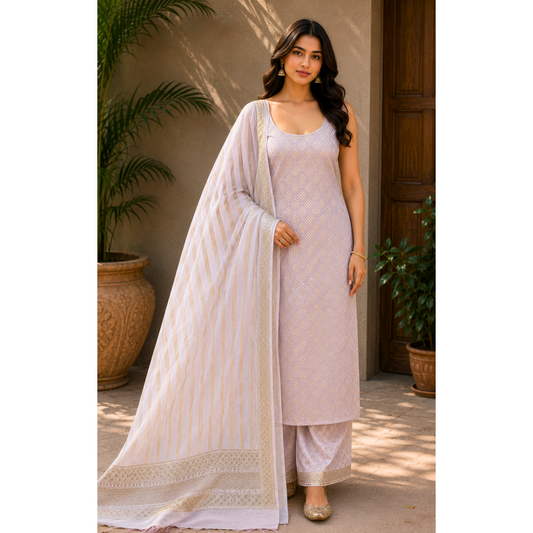 Premium Dhaka Cotton Unstitched Suit Material with Geometric Woven Design & Zari Border Dupatta & Pant