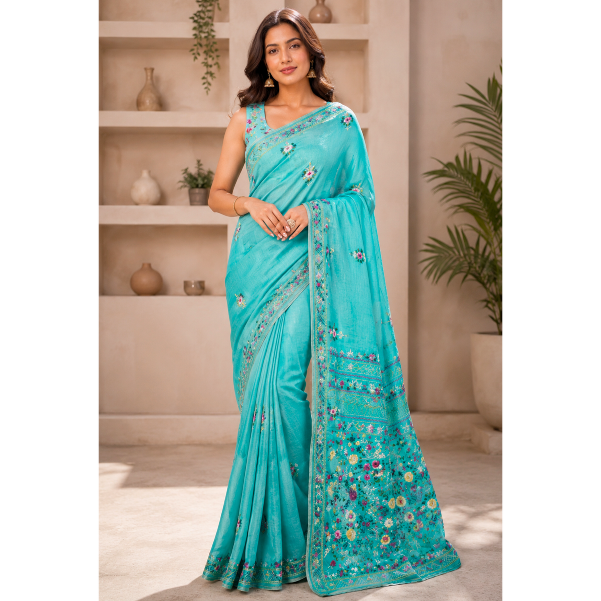Hand-Embroidered Chanderi Blue Saree