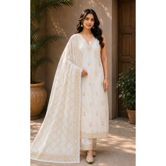 Premium White Dhaka Cotton Unstitched Suit Material for Women with Gold Buti Motifs and Matching Woven Zari Border Dupatta