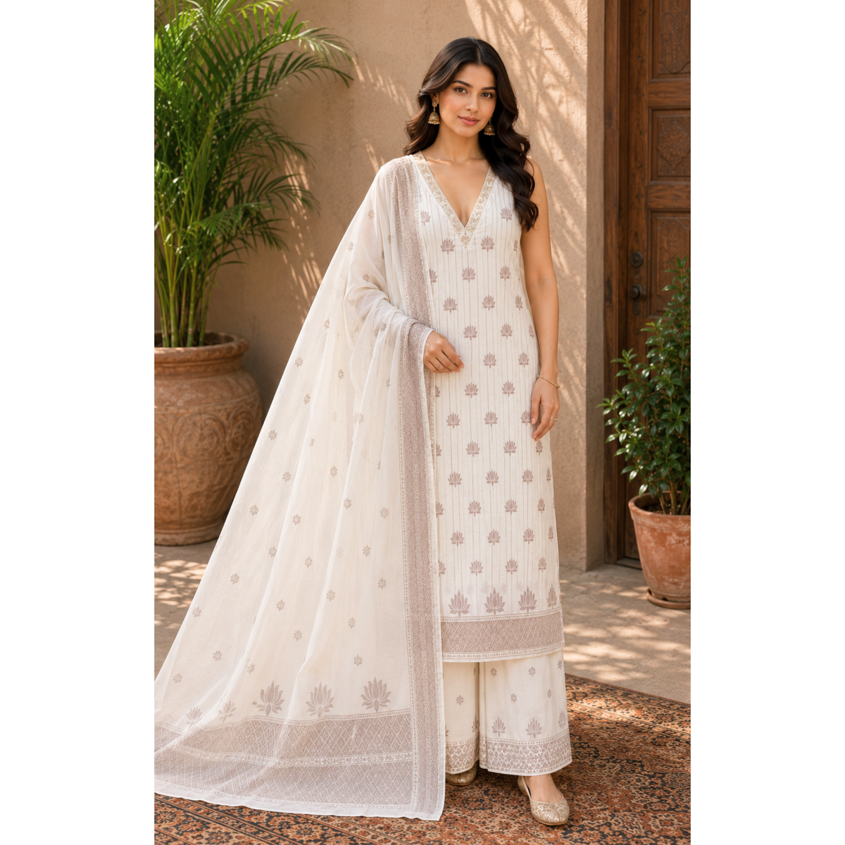 Premium Dhaka Cotton Unstitched Suit Material for Women in Off-White with Grey Lotus Woven Motifs and Matching Woven Dupatta