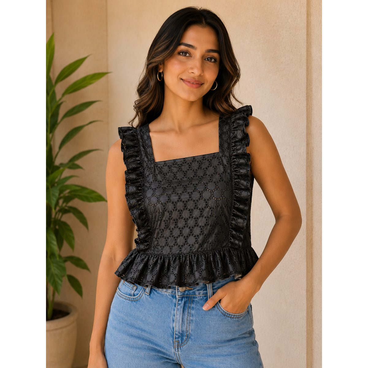 Women's Black Ruffle Peplum Top