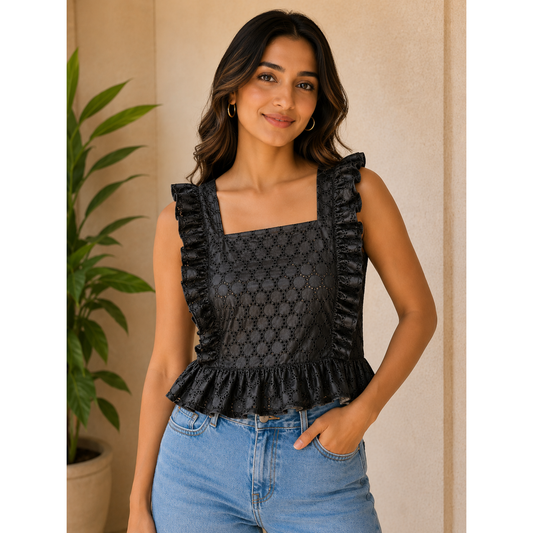 Women's Black Ruffle Peplum Top