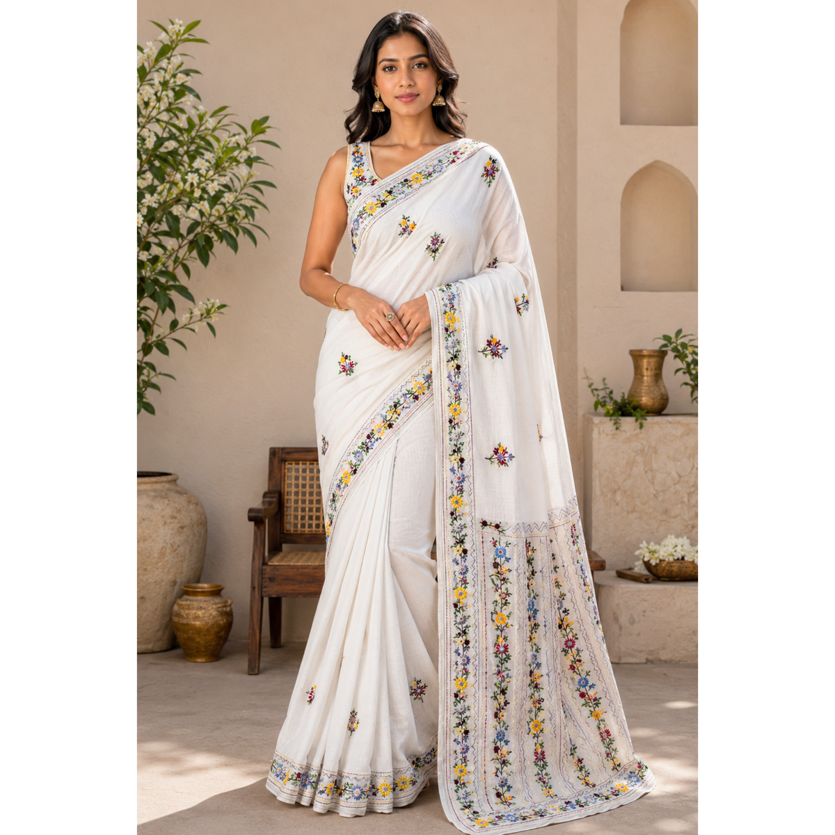 Iwishh Hand-Embroidered Chanderi White Saree
