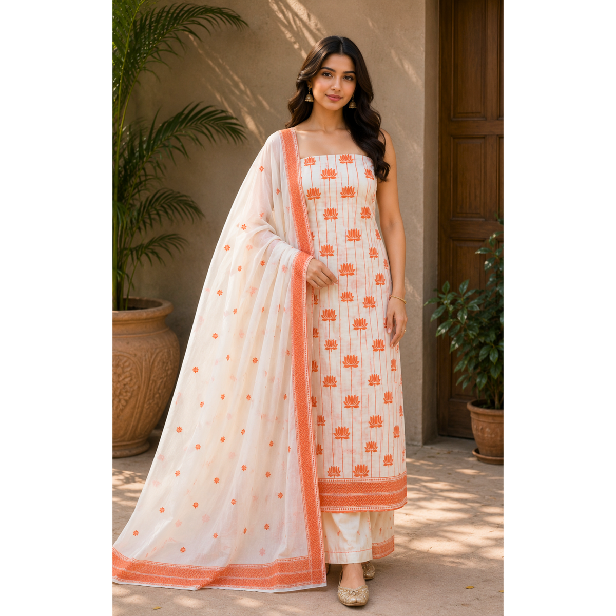 Premium Dhaka Cotton Unstitched Suit Material for Women in White with Coral Orange Lotus Woven Motifs and Matching Dhaka Cotton Dupatta