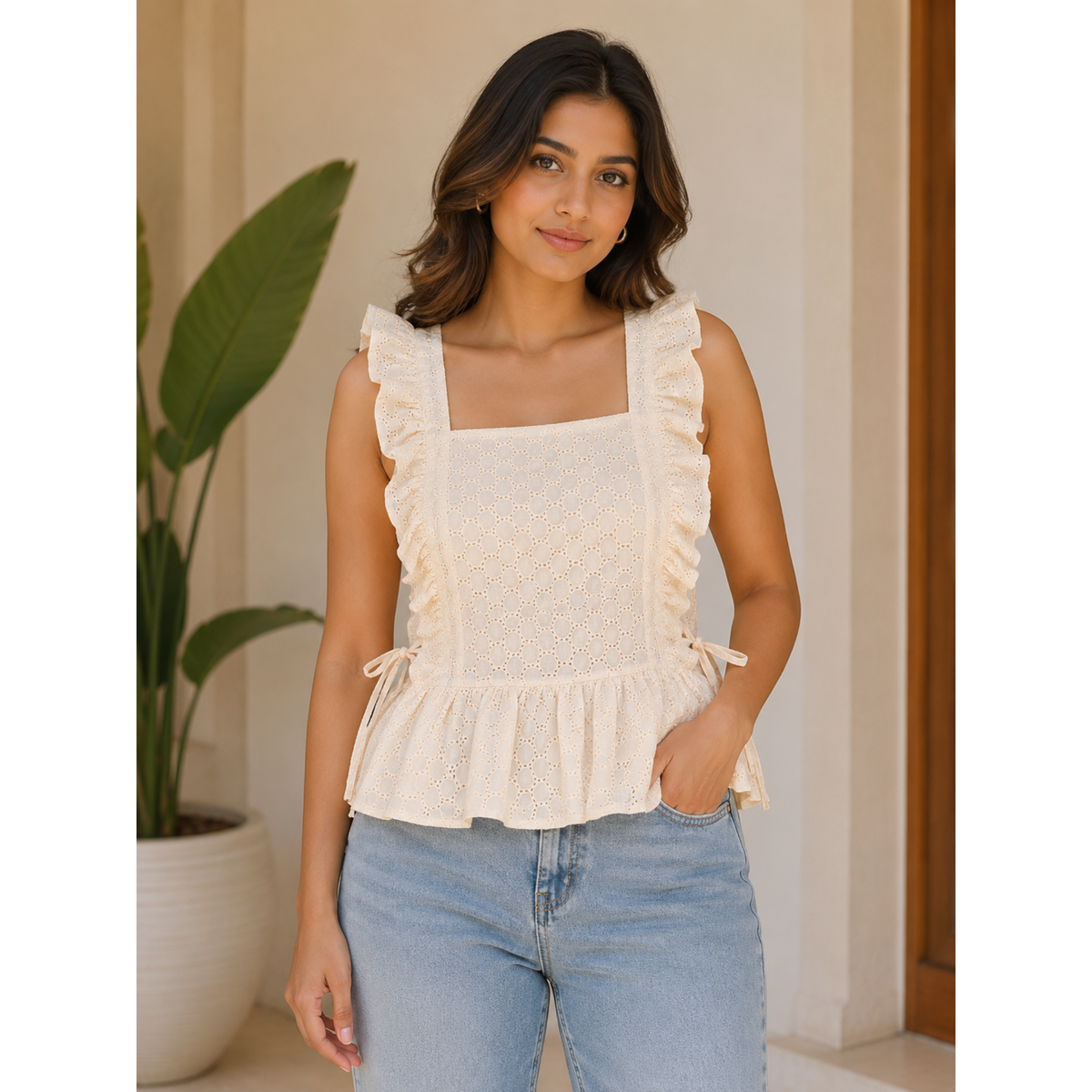 Women's Cotton Schiffli Ruffle Peplum Top