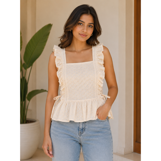 Women's Cotton Schiffli Ruffle Peplum Top