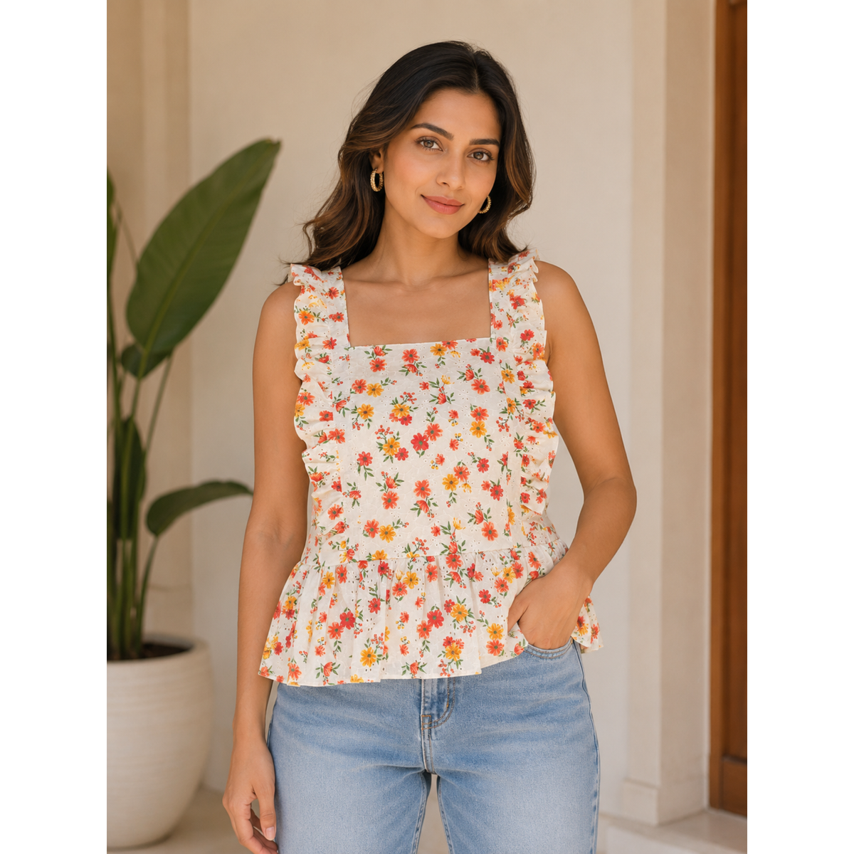 Girls Floral Ruffle Peplum Top