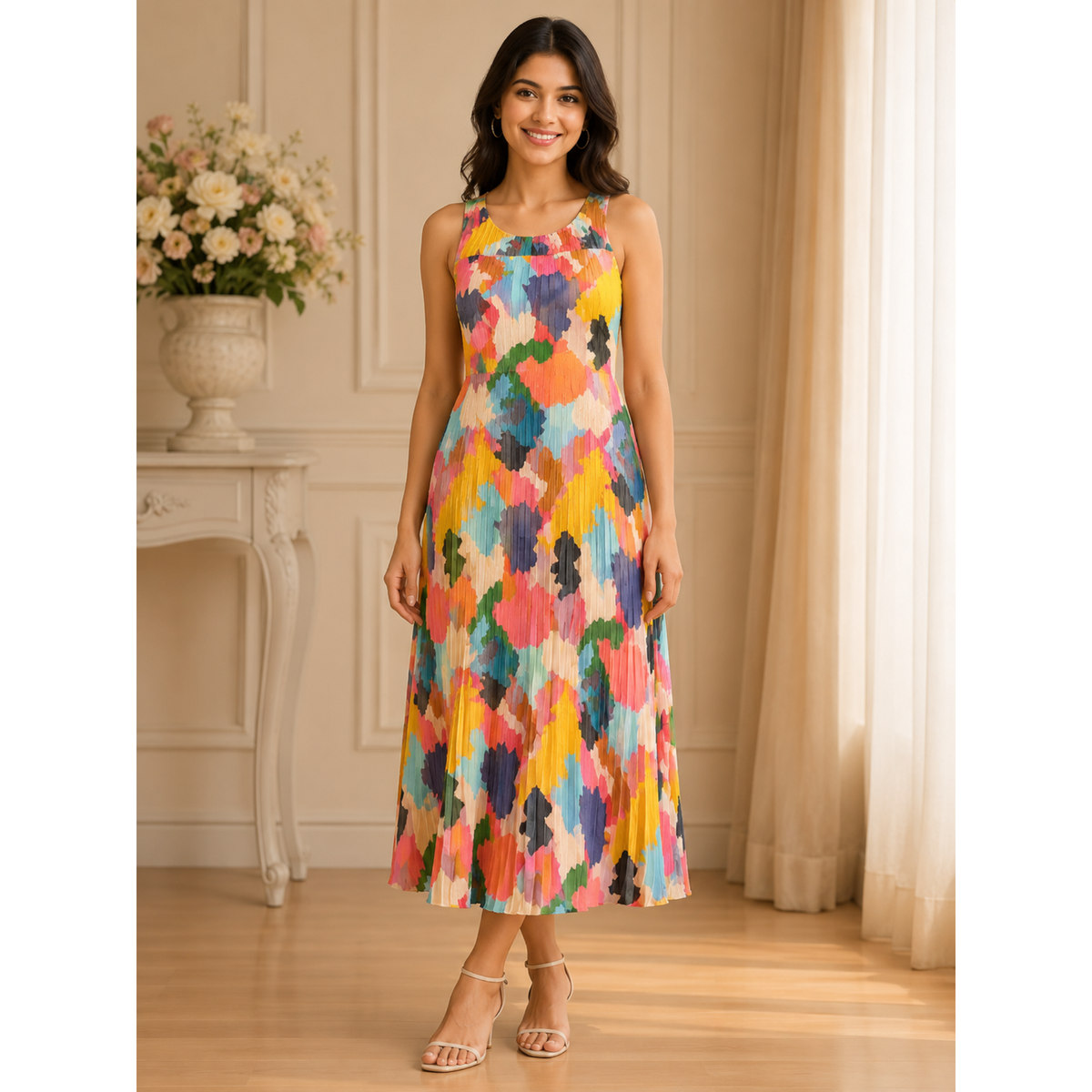Women's Printed Pleated Midi Multi Colour Dress
