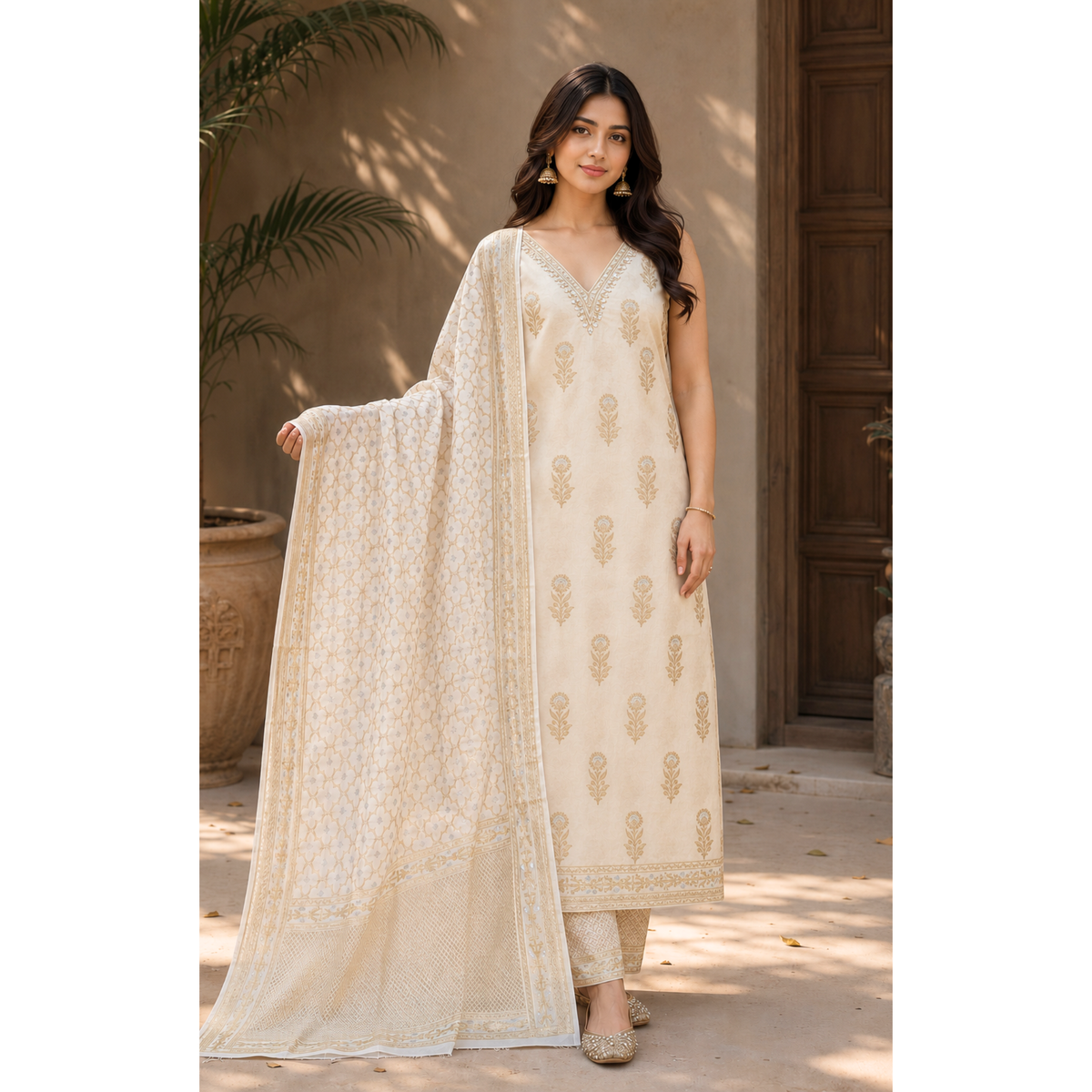 Premium Dhaka Cotton Unstitched Suit Material with Elegant Woven Dupatta
