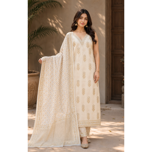 Premium Dhaka Cotton Unstitched Suit Material with Elegant Woven Dupatta