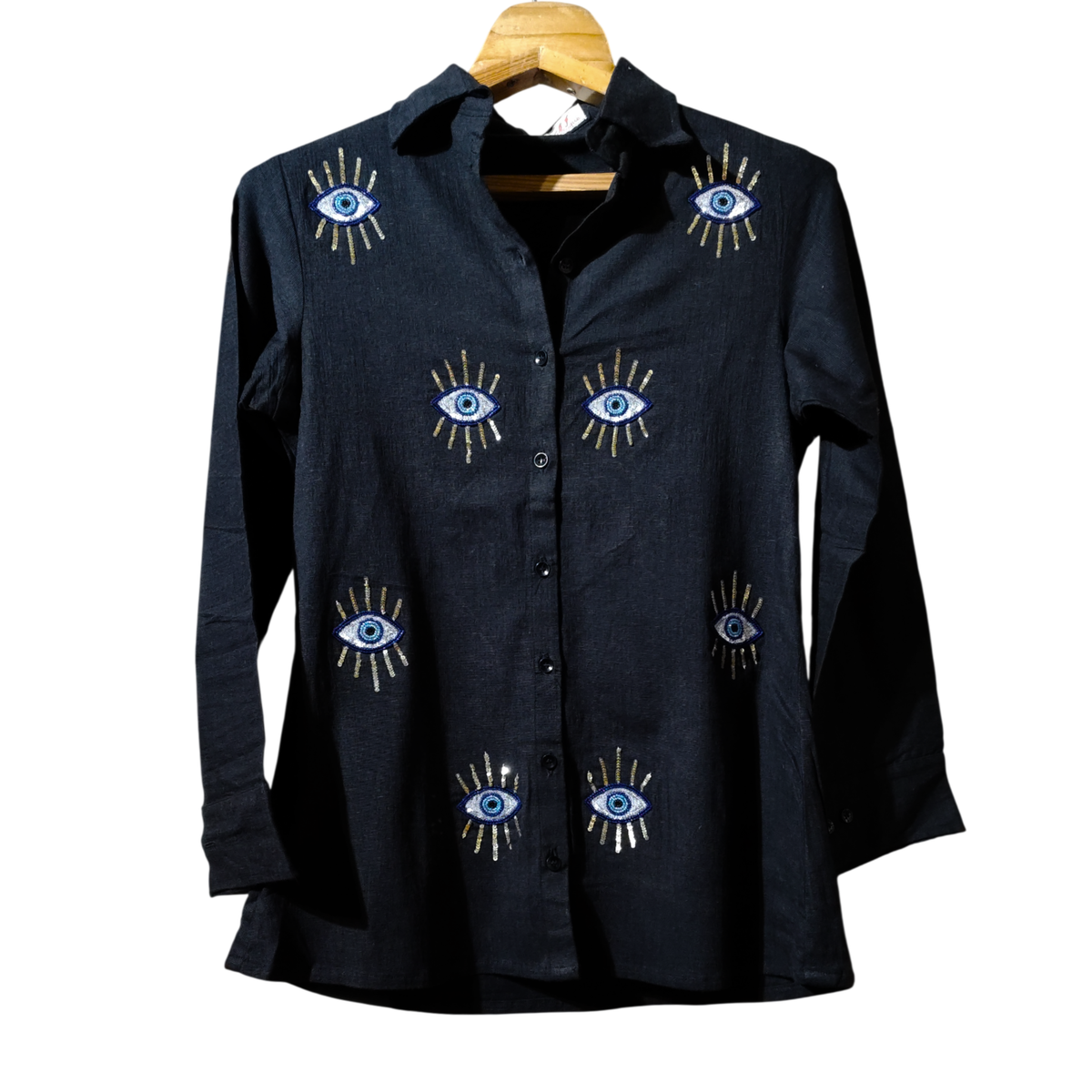 Black Evil Eye Embroidered Shirt for Women & Girls