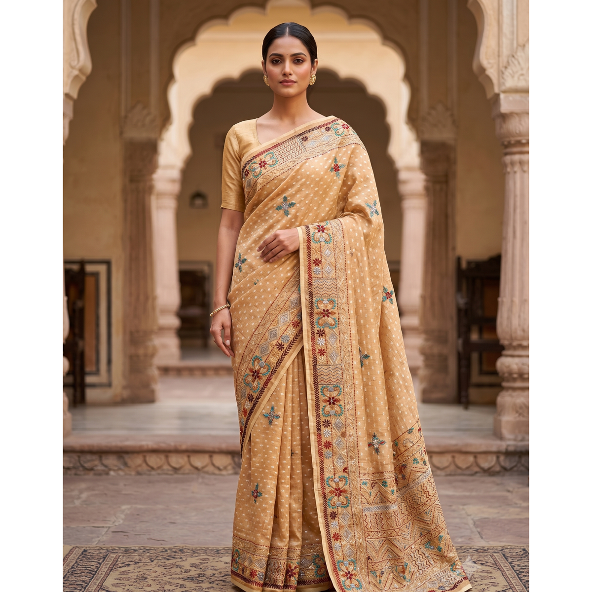 Champagne Gold Embroidered Saree with Geometric Handworked Pallu
