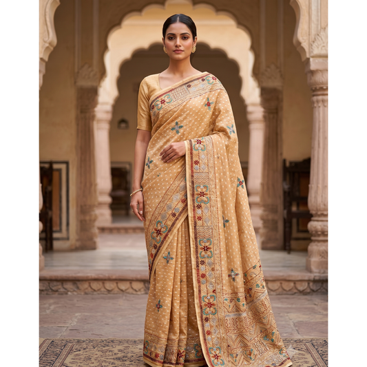 Champagne Gold Embroidered Saree with Geometric Handworked Pallu