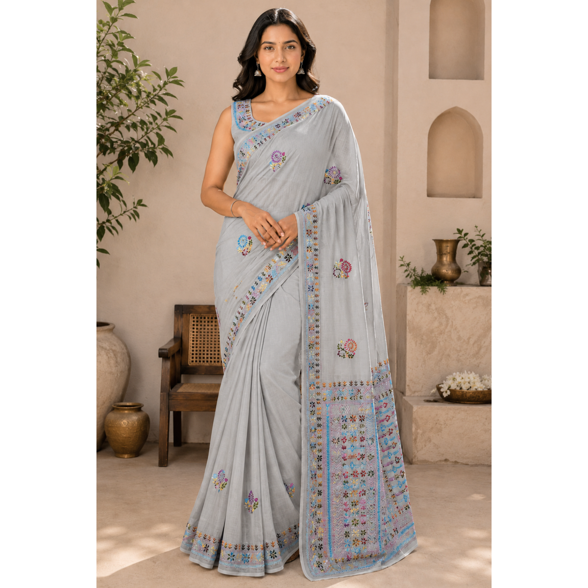 Iwishh Hand-Embroidered Chanderi Light Grey Saree