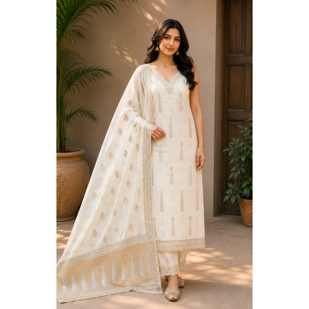 Premium White Dhaka Cotton Unstitched Suit Material for Women with Silver and Gold Buti Motifs and Designer Woven Zari Border Dupatta