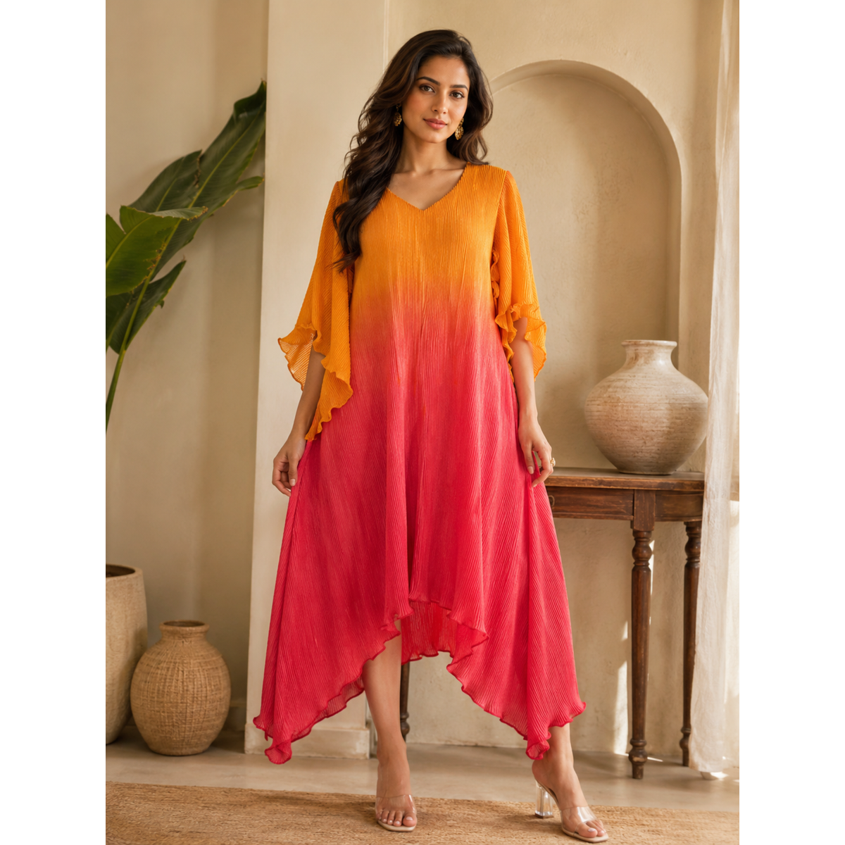Women's Ombre Pleated Midi Red Dress