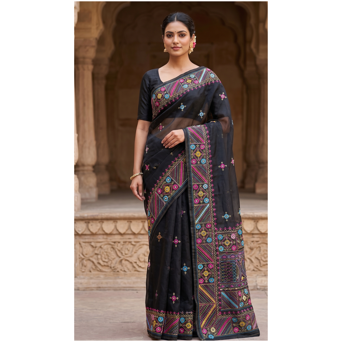 Iwishh Hand-Embroidered Black Chanderi Saree