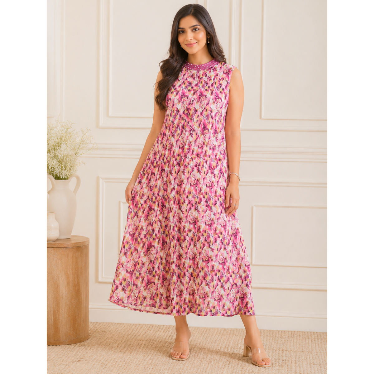 Women's Floral Pleated Maxi Dress