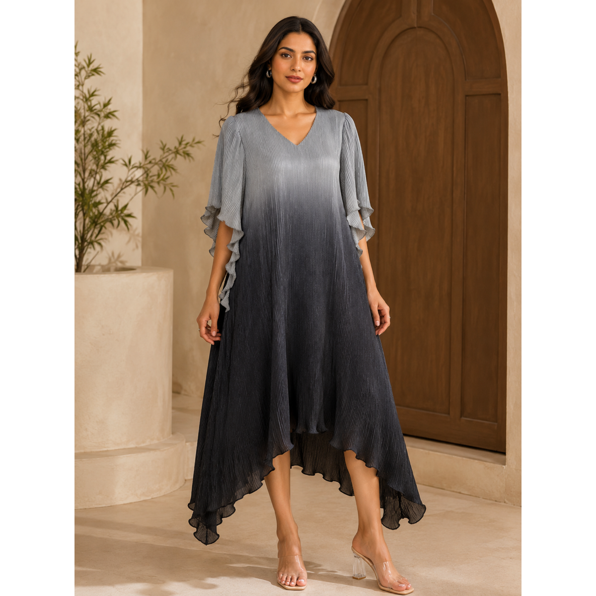 Women's Ombre Pleated Midi Silver Grey Dress