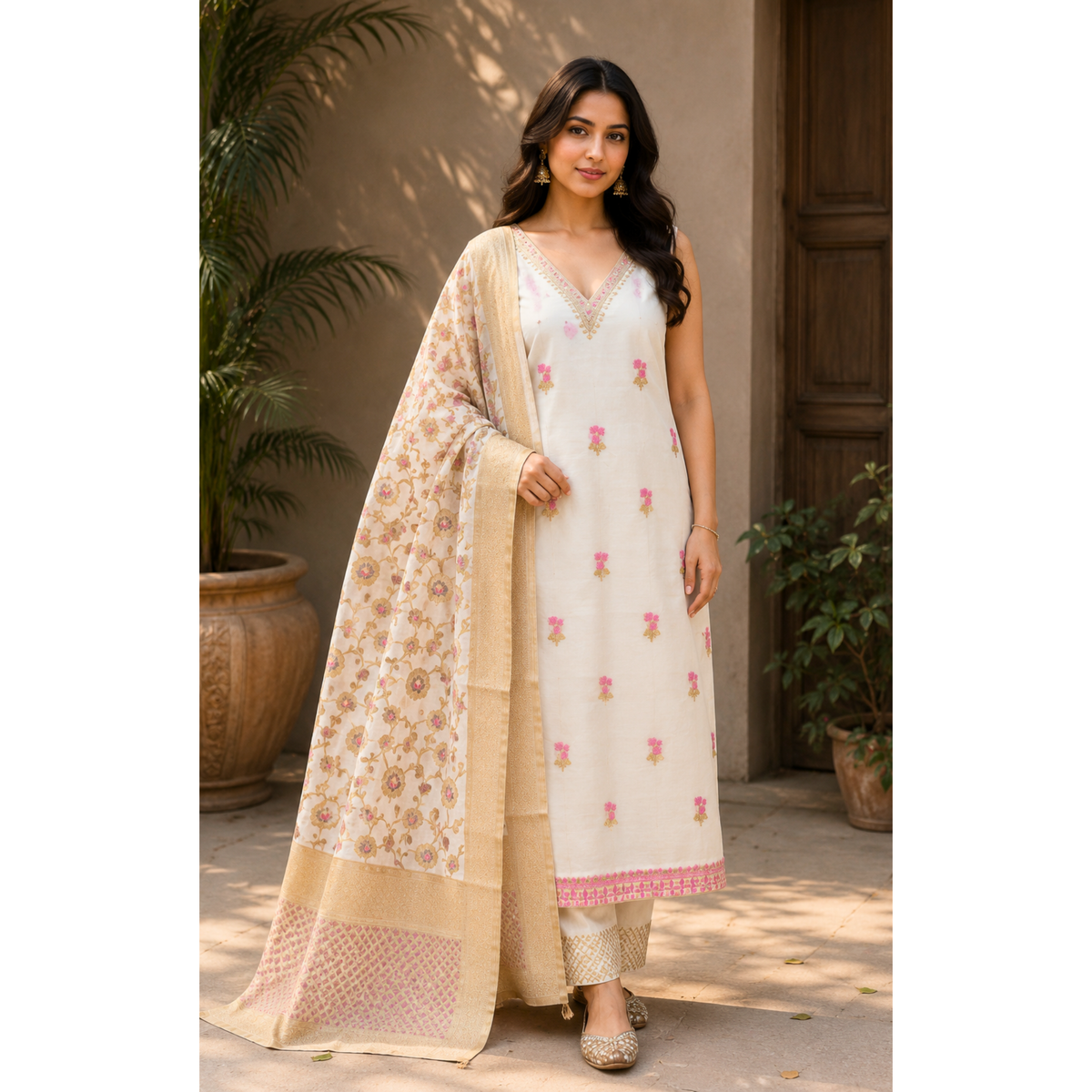 Premium Dhaka Cotton Unstitched Suit Material with Floral Buti & Woven Dupatta