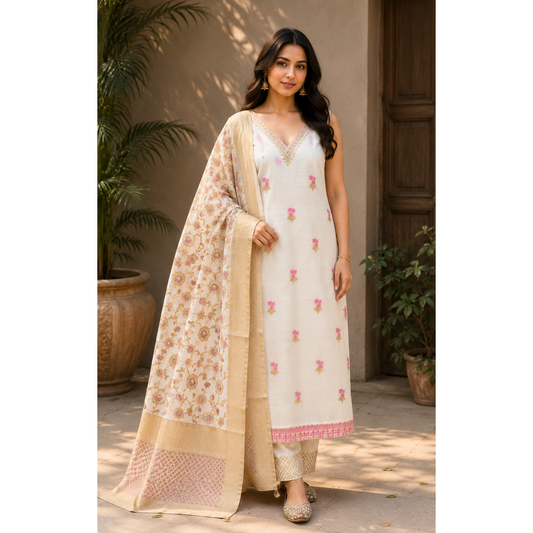 Premium Dhaka Cotton Unstitched Suit Material with Floral Buti & Woven Dupatta