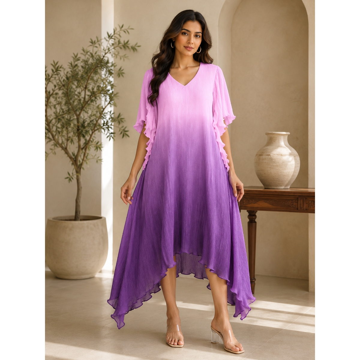 Women's Ombre Pleated Midi Purple Dress