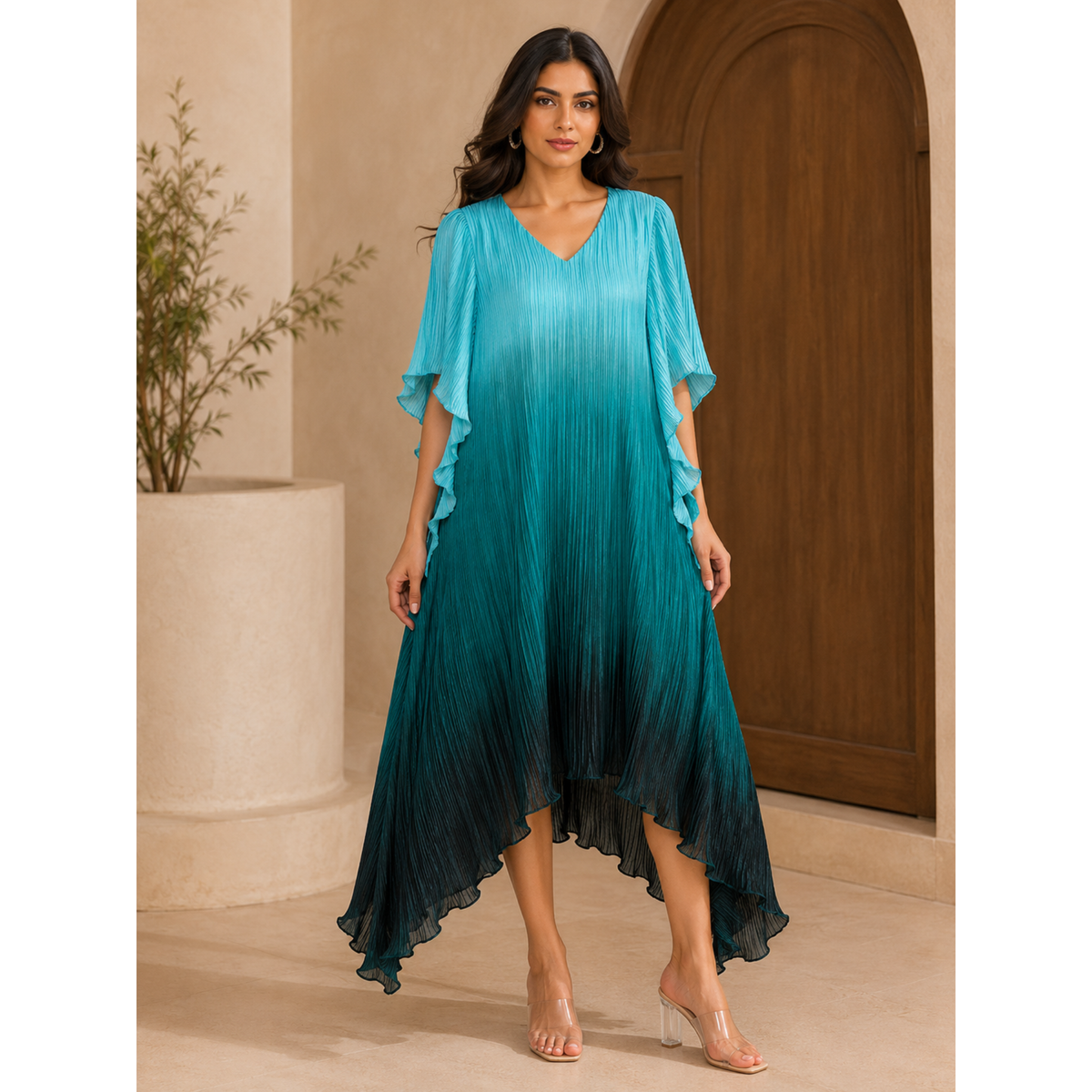 Women's Ombre Pleated Midi Aqua Blue Dress
