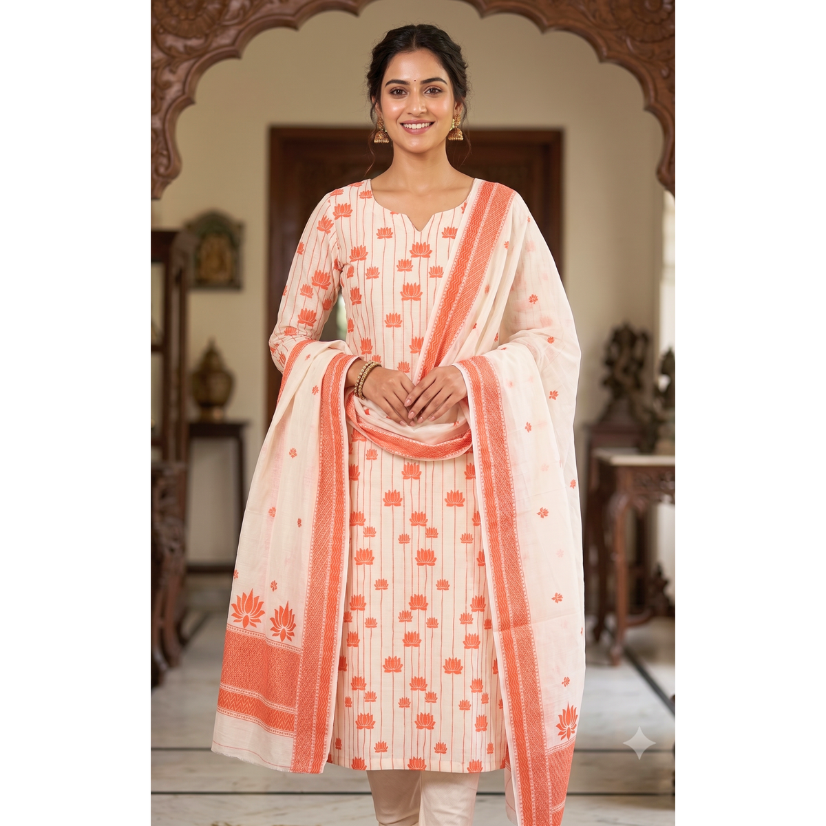Premium Dhaka Cotton Unstitched Suit Material with Lotus Woven Design & Matching Dupatta