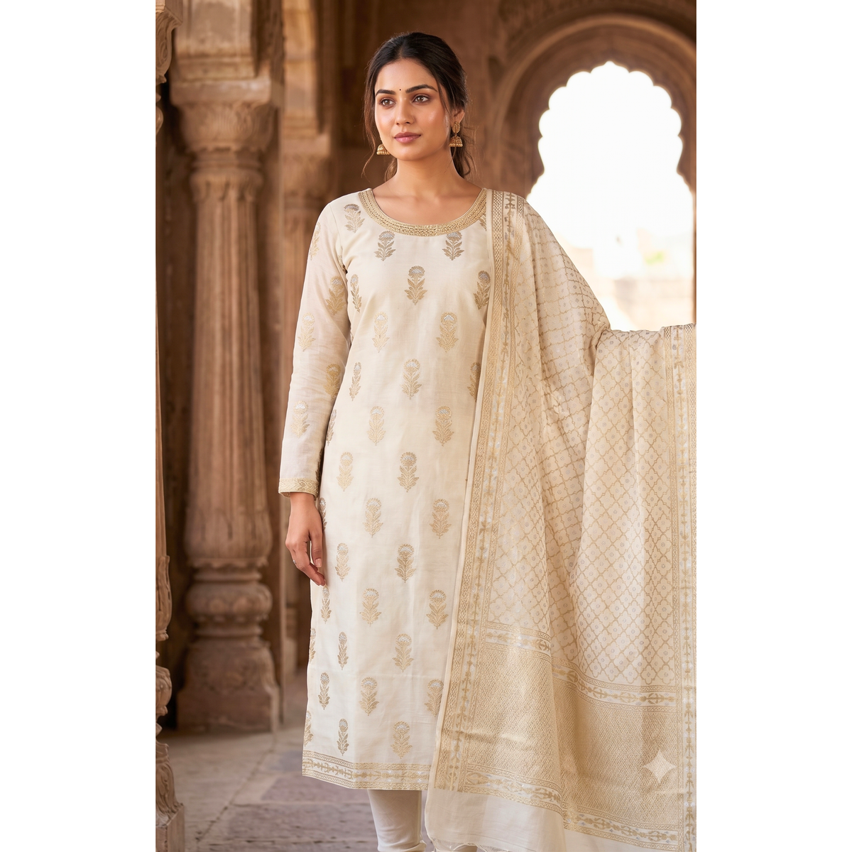Premium Dhaka Cotton Unstitched Suit Material with Elegant Woven Dupatta