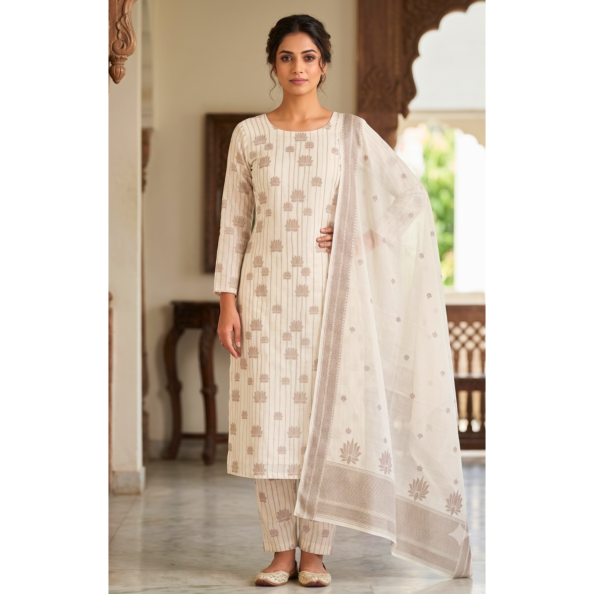 Premium Dhaka Cotton Unstitched Suit Material with Lotus Woven Design