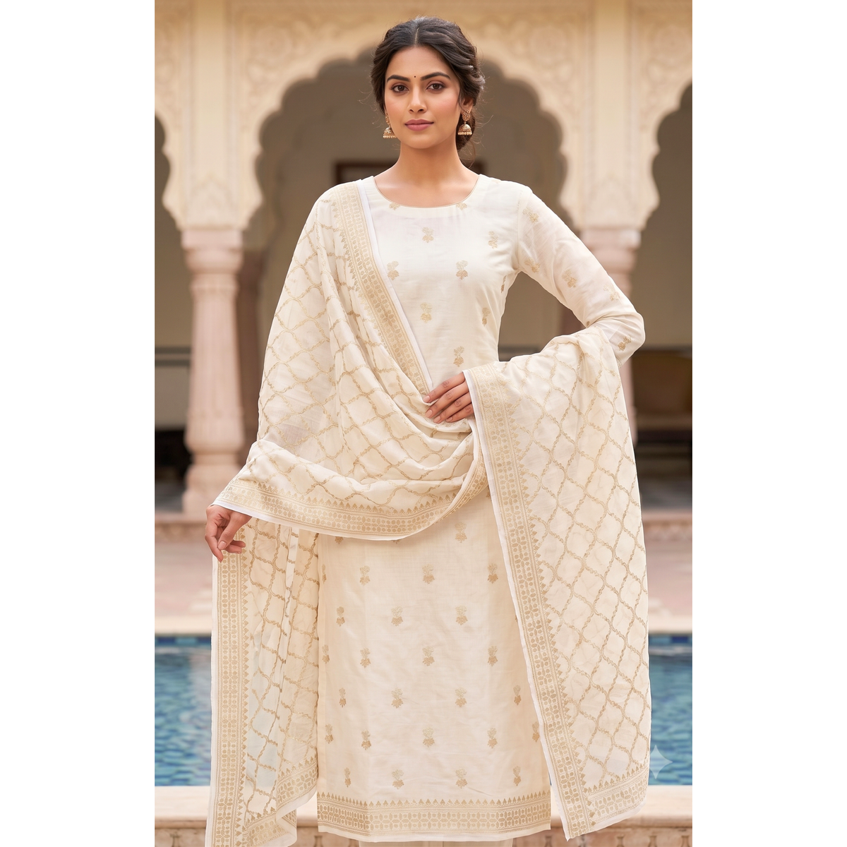 Premium White Dhaka Cotton Unstitched Suit Material with Gold Buti & Woven Zari Dupatta