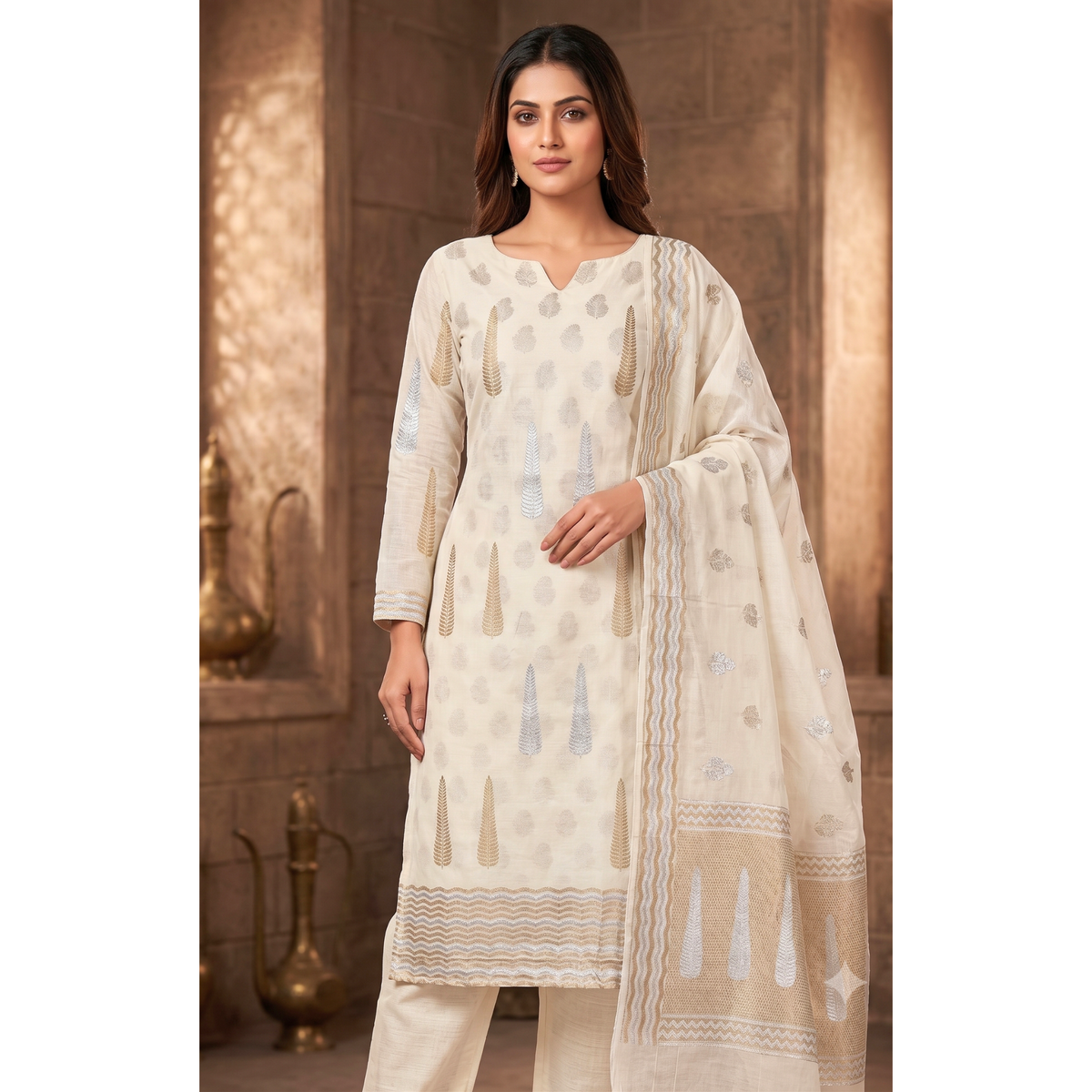 Premium White Dhaka Cotton Unstitched Suit Material with Silver & Gold Buti and Designer Woven Dupatta