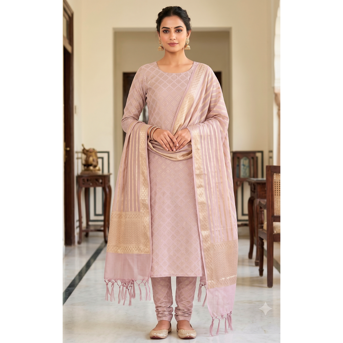 Premium Dhaka Cotton Unstitched Suit Material with Geometric Woven Design & Zari Border Dupatta & Pant