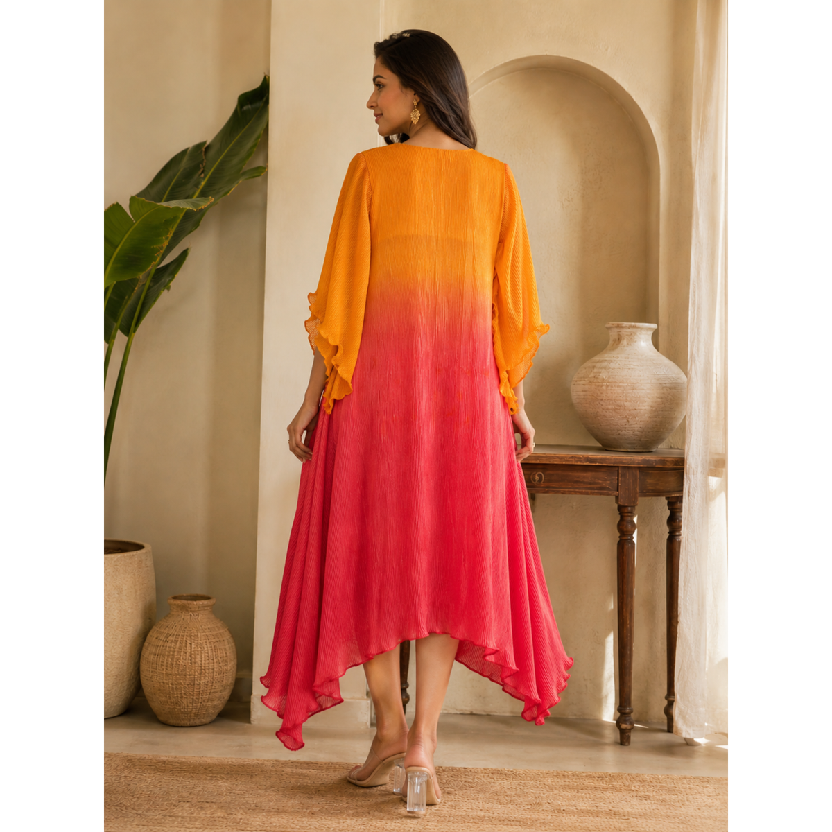 Women's Ombre Pleated Midi Red Dress