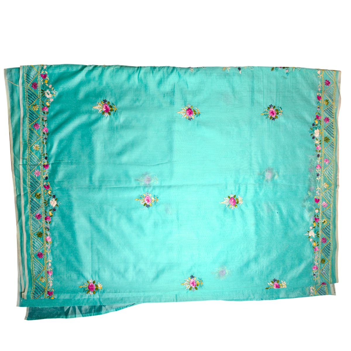 Hand-Embroidered Chanderi Blue Saree