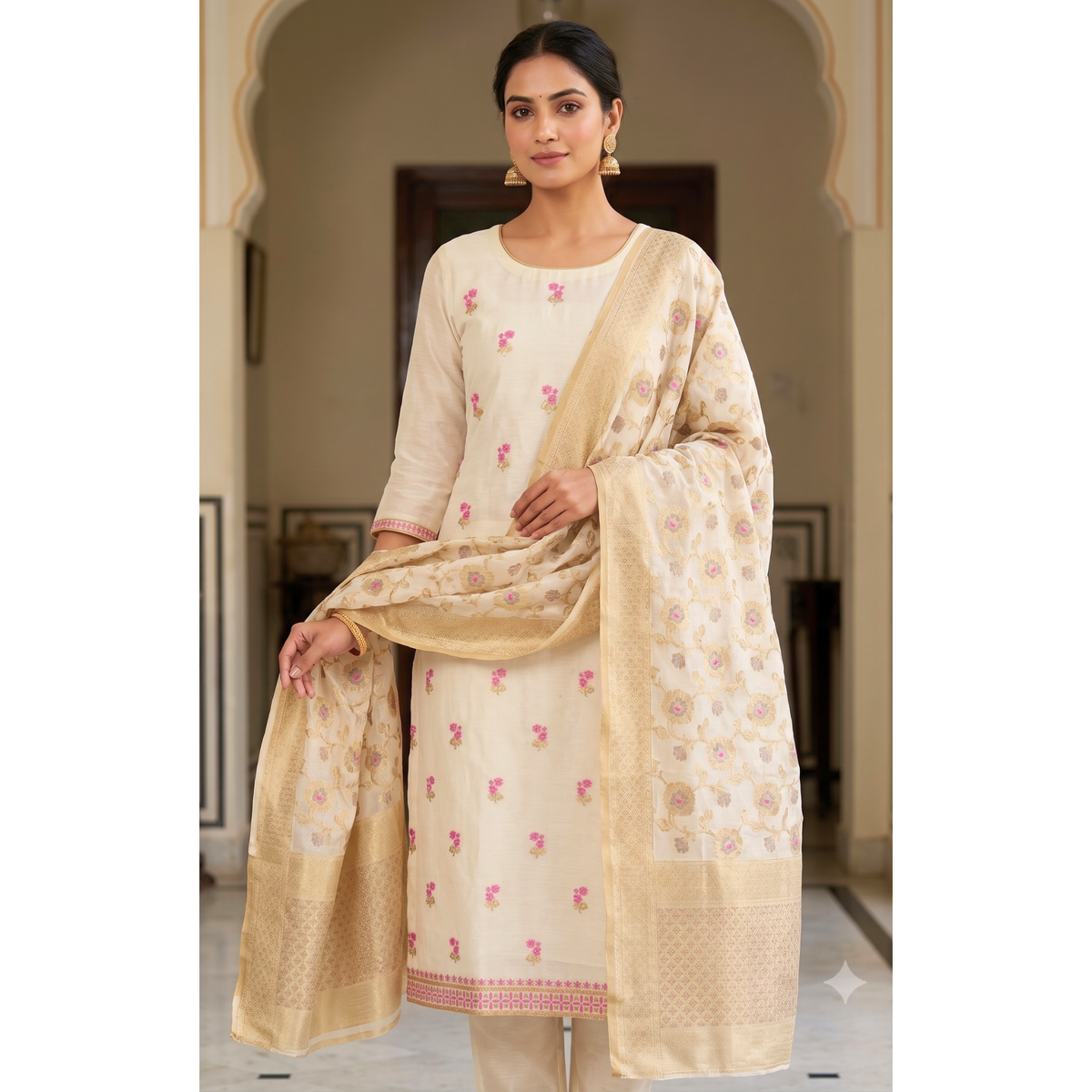 Premium Dhaka Cotton Unstitched Suit Material with Floral Buti & Woven Dupatta