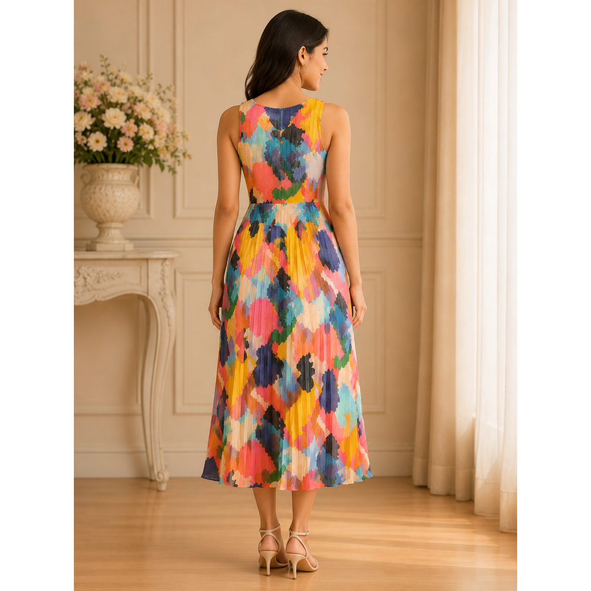 Women's Printed Pleated Midi Multi Colour Dress