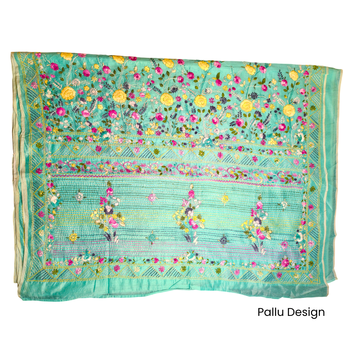 Hand-Embroidered Chanderi Blue Saree