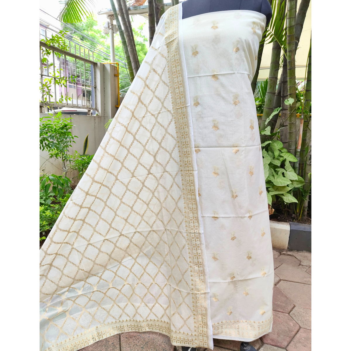 Premium White Dhaka Cotton Unstitched Suit Material with Gold Buti & Woven Zari Dupatta
