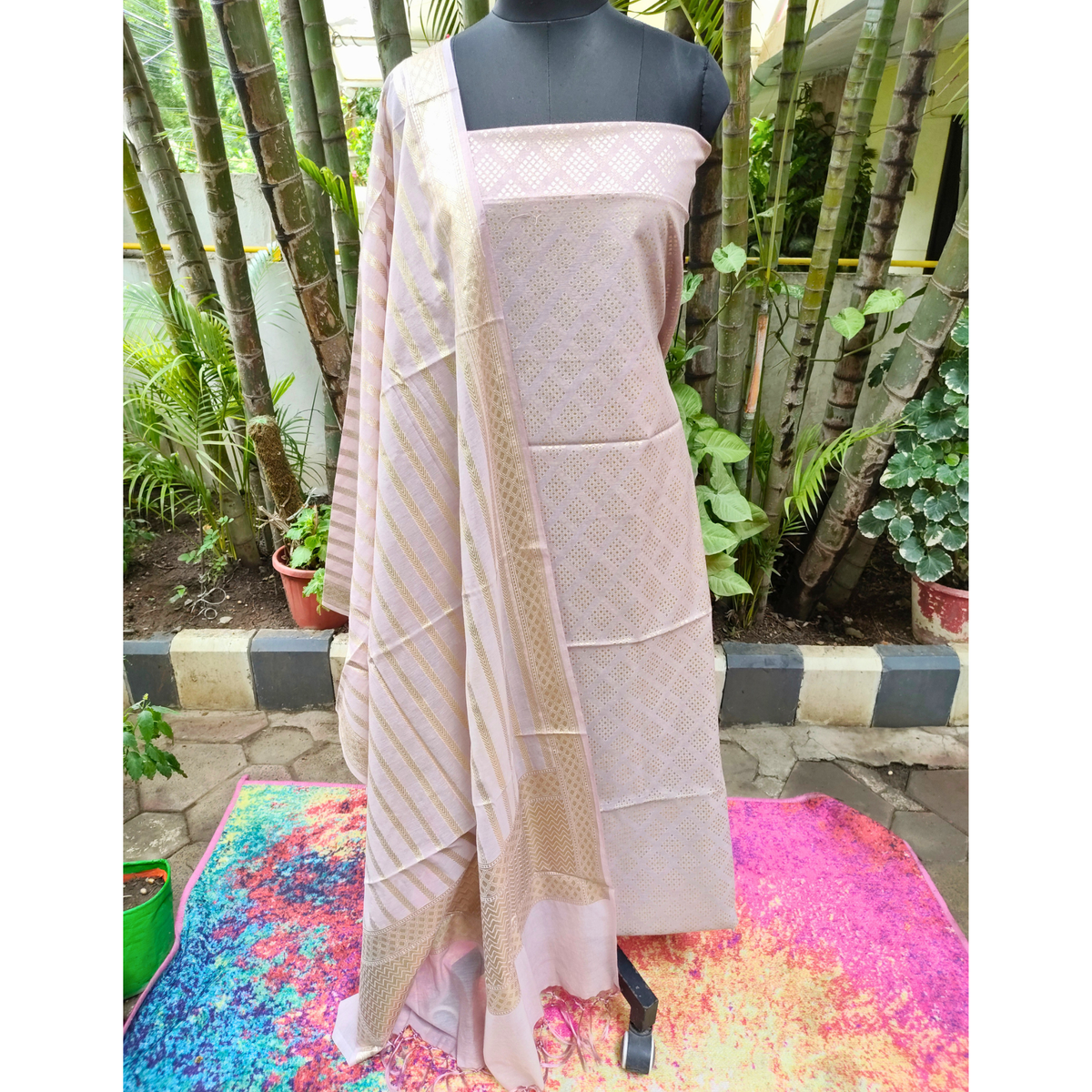 Premium Dhaka Cotton Unstitched Suit Material with Geometric Woven Design & Zari Border Dupatta & Pant