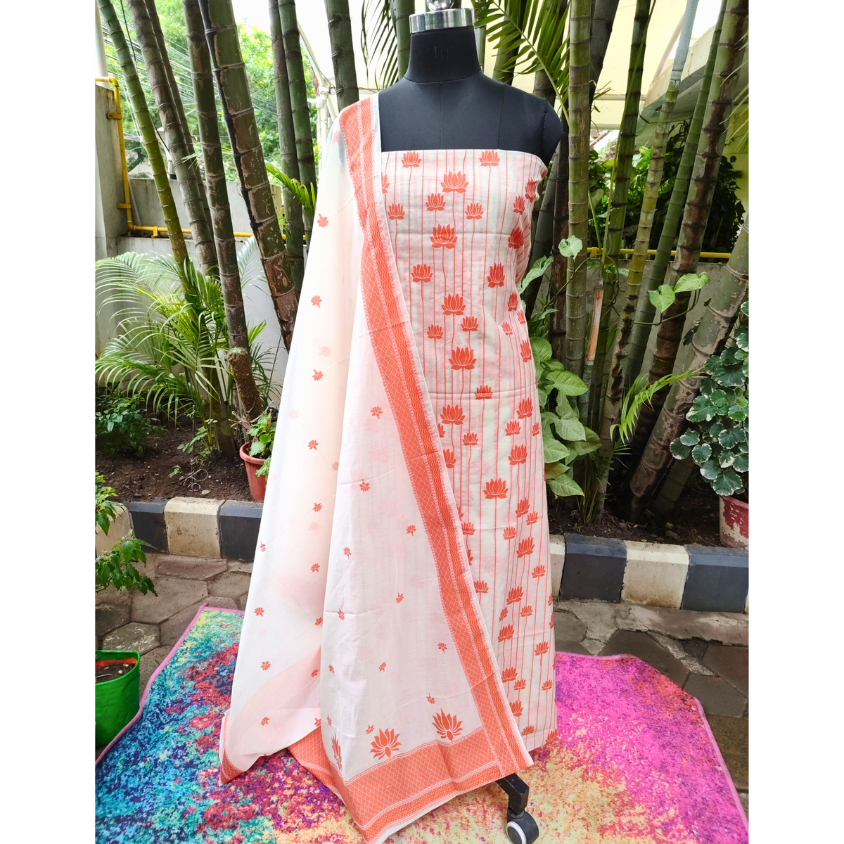 Premium Dhaka Cotton Unstitched Suit Material with Lotus Woven Design & Matching Dupatta