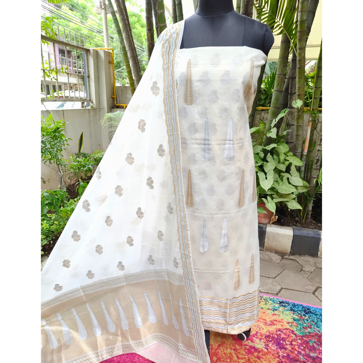 Premium White Dhaka Cotton Unstitched Suit Material with Silver & Gold Buti and Designer Woven Dupatta