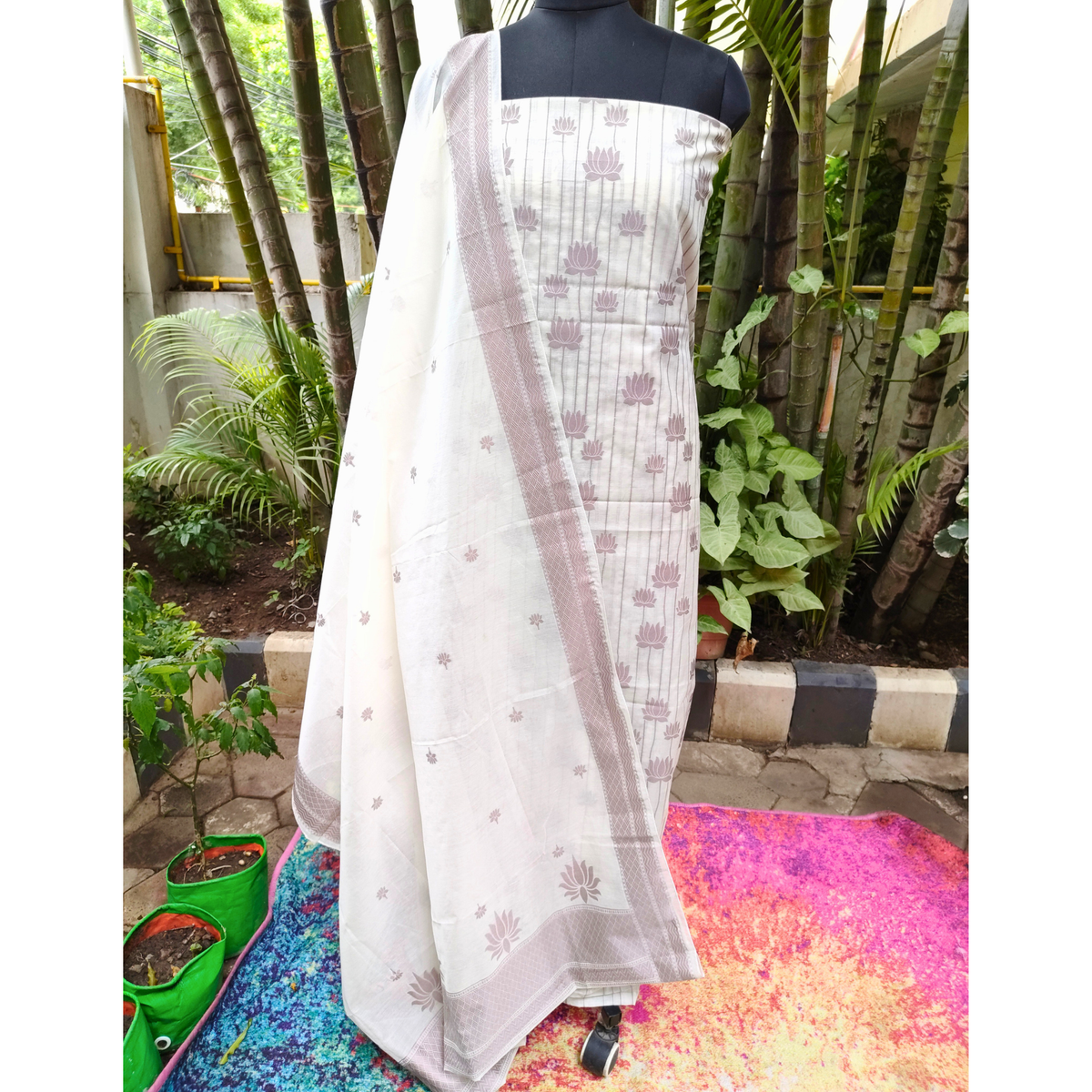 Premium Dhaka Cotton Unstitched Suit Material with Lotus Woven Design