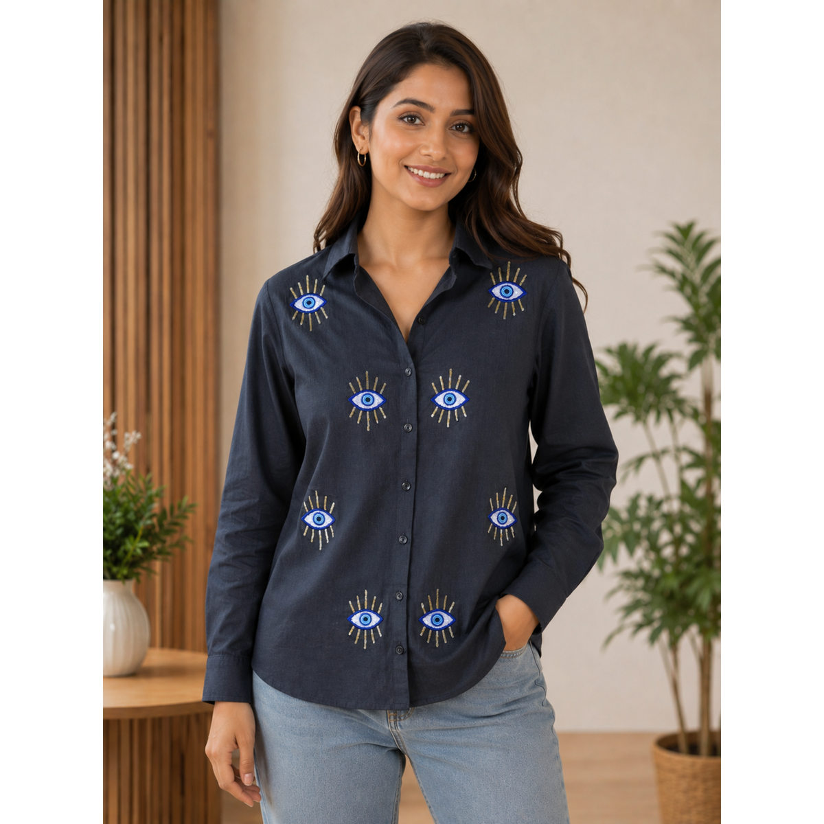 Black Evil Eye Embroidered Shirt for Women & Girls