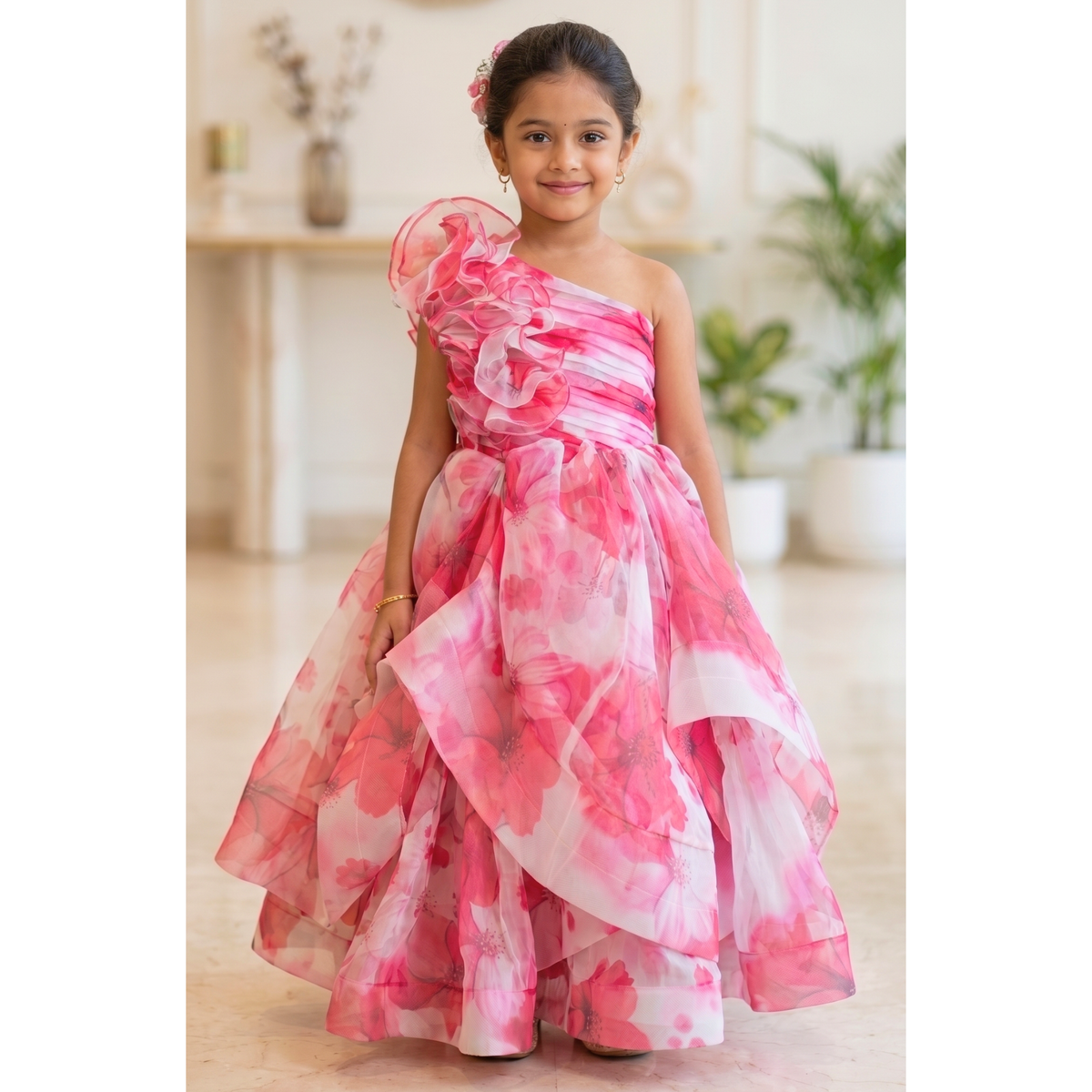 Blush Blossom One-Shoulder Party Dress