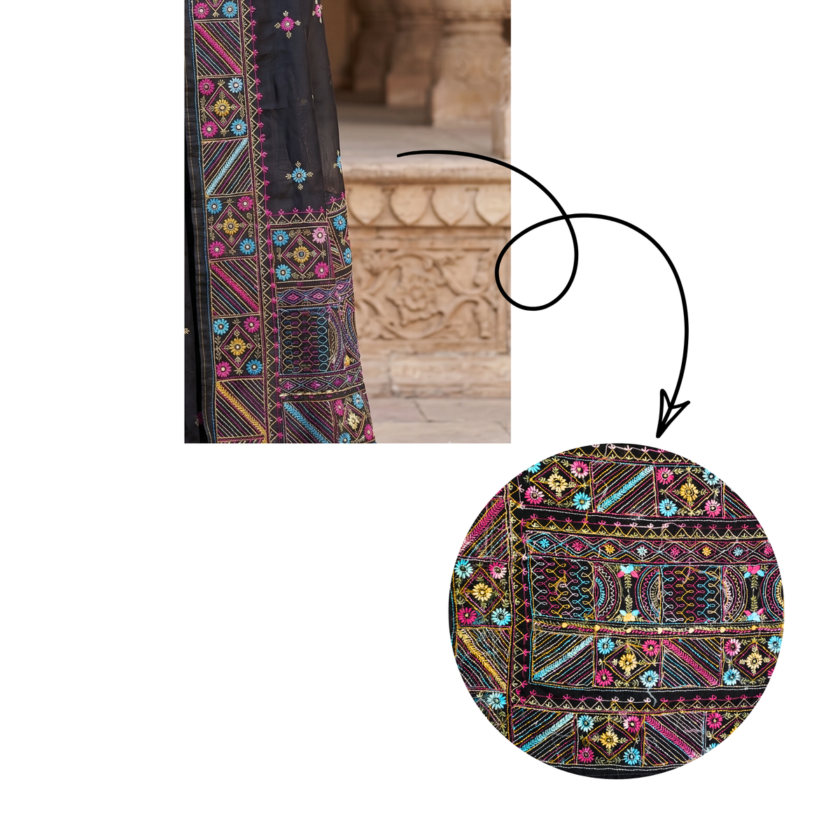 Iwishh Hand-Embroidered Black Chanderi Saree