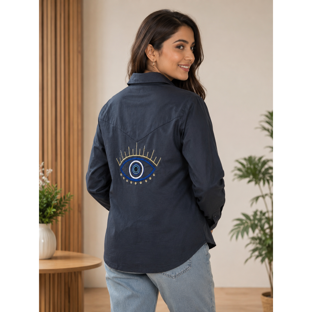 Black Evil Eye Embroidered Shirt for Women & Girls