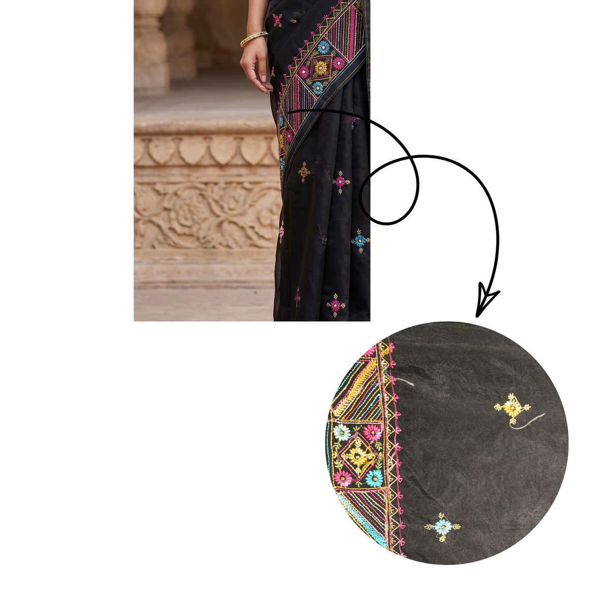Iwishh Hand-Embroidered Black Chanderi Saree