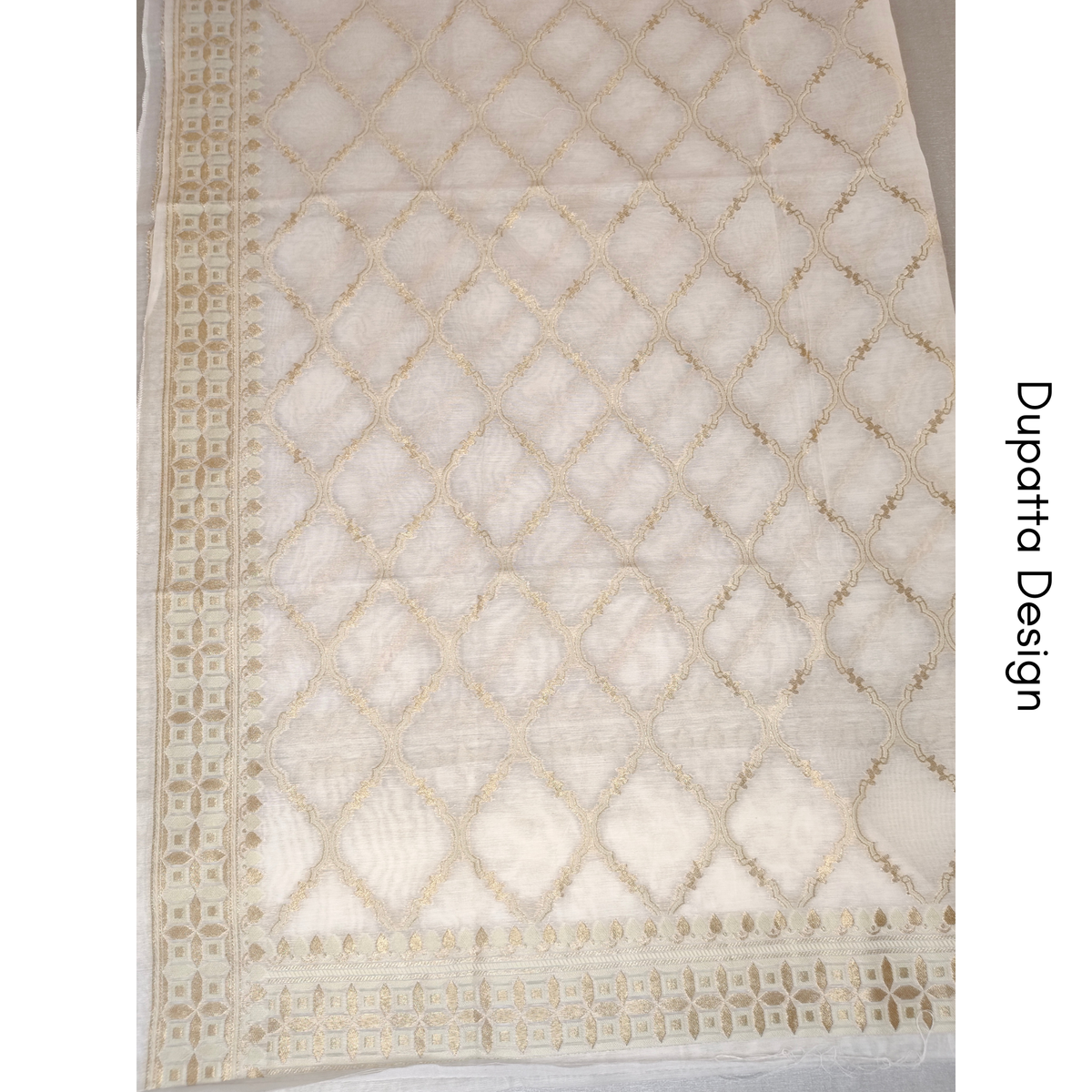Premium White Dhaka Cotton Unstitched Suit Material with Gold Buti & Woven Zari Dupatta